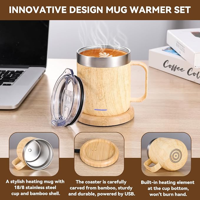 Gifts for Women Men, Heated Coffee Mug Up to 149°F, Ideal Gifts for Christmas, Birthday, Mother's Day, Father's Day or Any Occasion (12oz Bamboo)
