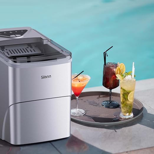 Silonn Ice Makers Countertop, 9 Cubes Ready in 6 Mins, Self-Cleaning Ice Machine with Ice Scoop and Basket, 26lbs in 24Hrs, 2 Sizes of Bullet Ice for Home Kitchen Office Bar Party, Sliver