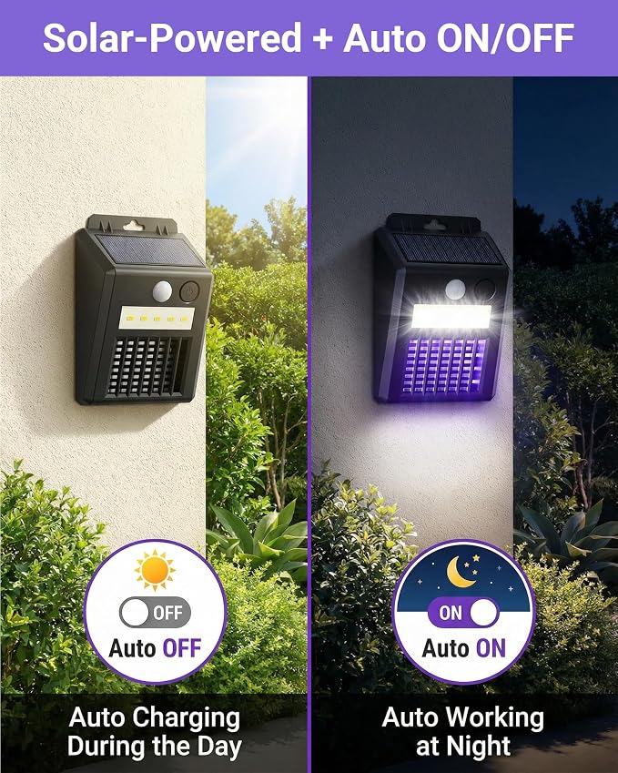 Solar Bug Zapper Outdoor - 2-in-1 Waterproof Cordless Mosquito Zapper with 3 Modes, Motion Sensor Light & UV Light, Rechargeable Mosquito Killer Lamp for Patio Yard Garden (Black)