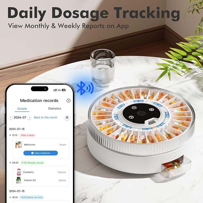Windtrace® Bluetooth Automatic Pill Dispenser for Elderly with Alarm, Smart Pill Dispenser with 31-Slot, Fingerprint& Mechanical Dual Lock Medication Dispenser, Timed Dispenser Machine for Elderly