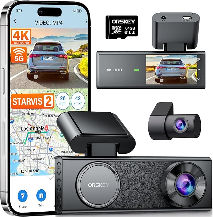 ORSKEY 4K Dash Cam Front and Rear, Free 64GB Card, STARVIS 2 Sensor, 5.8GHz WiFi Dash Camera for Cars, 2160P+1080P Dual Car Camera with GPS, 3" IPS, 24H Parking Mode, WDR, Support 512GB Max