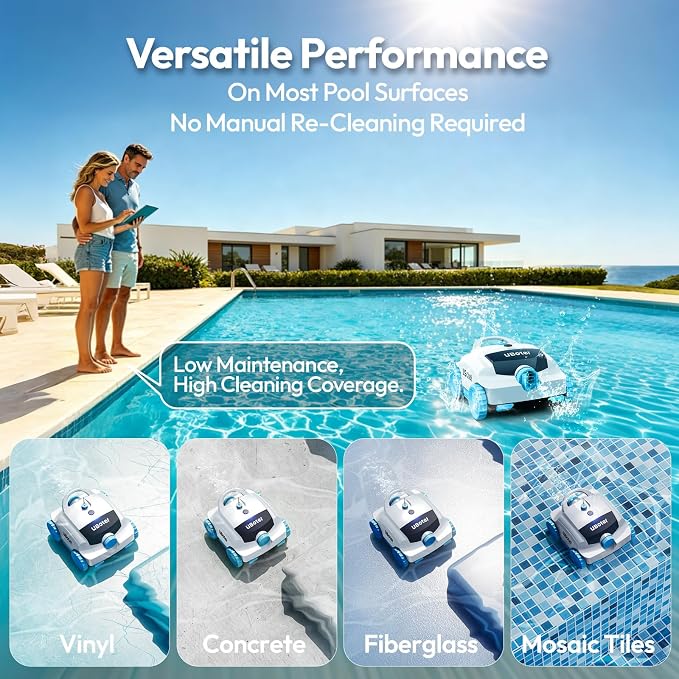 Cordless Robotic Pool Vacuum UBoter E10, Dual-Layer Filtration, Powerful Edge Corner Cleaning, 120–150 Mins Runtime, Auto Parking, No Debris Leakage, for Above Ground Flat Bottom Pools Up to 860 Sq.Ft
