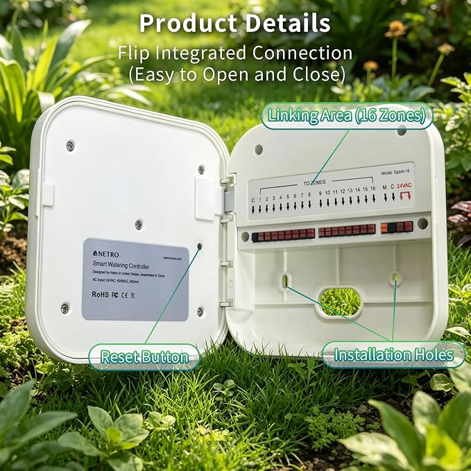 Netro WiFi Sprinkler Controller 16 Zones Smart Sprinkler Controller App-Based Irrigation System Controllers for Garden Lawn Weather Service Plant Database Rain Skips Compatible with Alexa, White