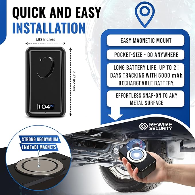 REWIRE SECURITY 104N 4G Magnetic GPS Tracker for Vehicle | Easy Mount | Fits with Car, Truck, Van & Motorbike | Live Tracking | Up to 21-Day Battery Life | Low Cost Subscription Plans | Free Trial