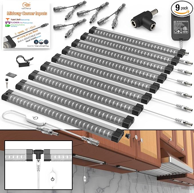 EBD Under Cabinet Lights Plug in 9 Pcs 12 Inch, Dimmable No Messy Wires Built-in Adjustable Cable LED Light Bar, T-Connector Counter Lighting for Smart Plug Kitchen Home Office 3000K 4050Lm 4 Cables