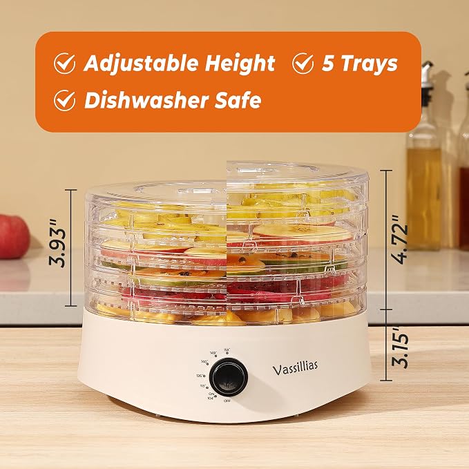 Small Food Dehydrator Dryer - Dehydrator for Healthy Food, Meat, Jerky, Fruit, Vegetable, Mushroom and Herb, 280W, 158°F, Mini Dryer with 5 BPA-Free Drying Trays, White, Model 704M