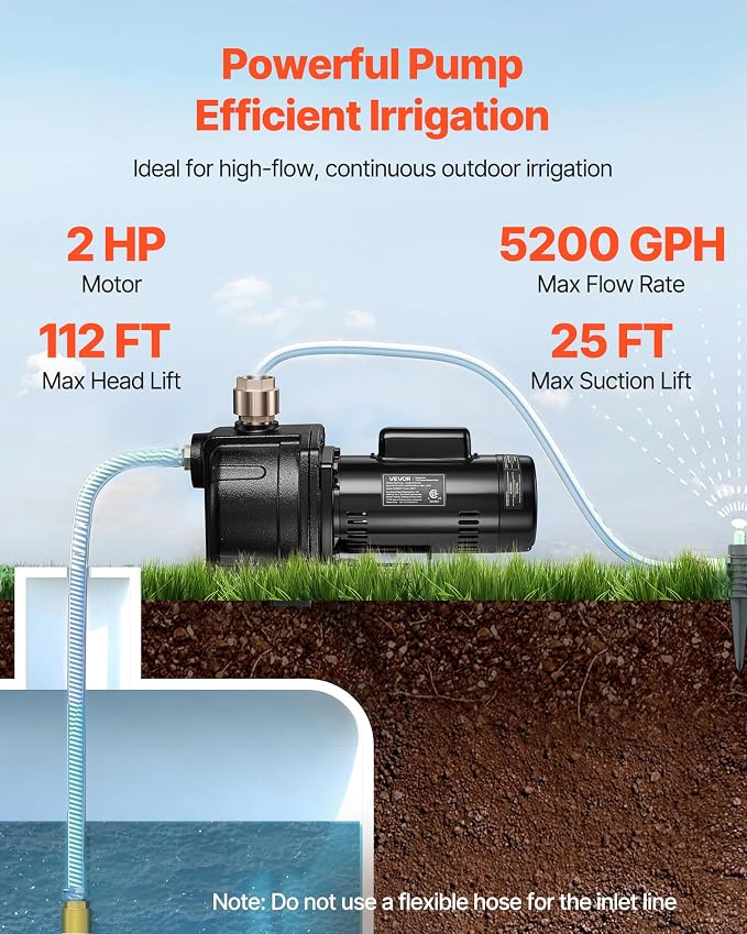 VEVOR 2 HP Shallow Well Jet Pump, 230 Volt, 5200 GPH Cast Iron Well Jet Pump, with 112 ft Max Head Lift, Check Valve, Thermal Protection, Automatic On/Off, for Garden Irrigation Lawn Sprinkler System