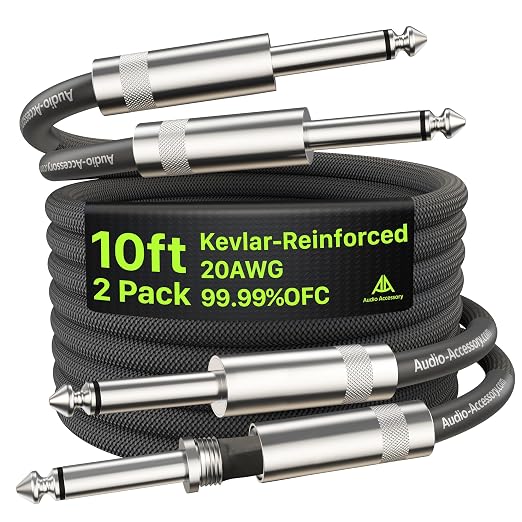 Guitar Cable 10 ft/3M 2 Pack, Kevlar-Reinforced 20AWG 99.99% OFC, 10X Heavy-Duty Nylon Braided, Heat-Shrink Protected 1/4 Instrument Cable, Shielded Amp Cord for Fender Electric Guitar