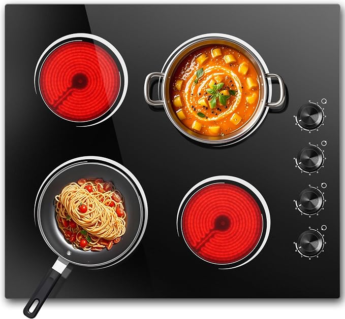 4 Burners Electric Stove Top with Knob Control,24 Inch,6000W Built-in Radiant Electric Cooktop, 9 Power Levels, Hot Warning, 220V Hard Wire(No Plug)