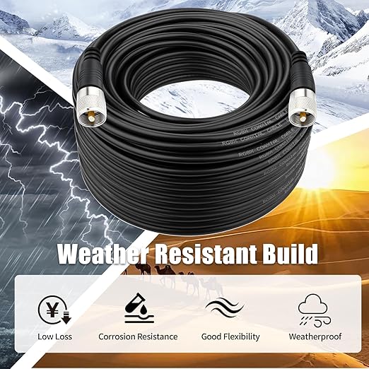 RG8x Coaxial Cable 100 ft, CB Coax Cable, UHF PL259 Male to Male Low Loss CB Antenna Cables, 50 Ohm for HAM Radio, Antenna Analyzer, Dummy Load, SWR Meter