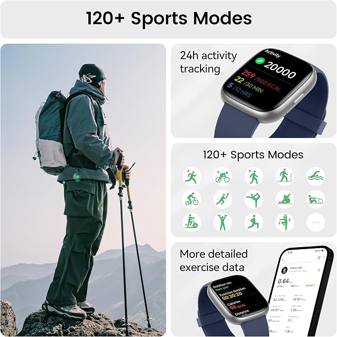 Smart Watch with Alexa Built-in, 1.83" HD Touchscreen Fitness Tracker with Bluetooth Calling, Fitness Watch with Heart Rate/Sleep Monitor/120+ Sports, IP68 Waterproof Smartwatch for Android iOS, Blue