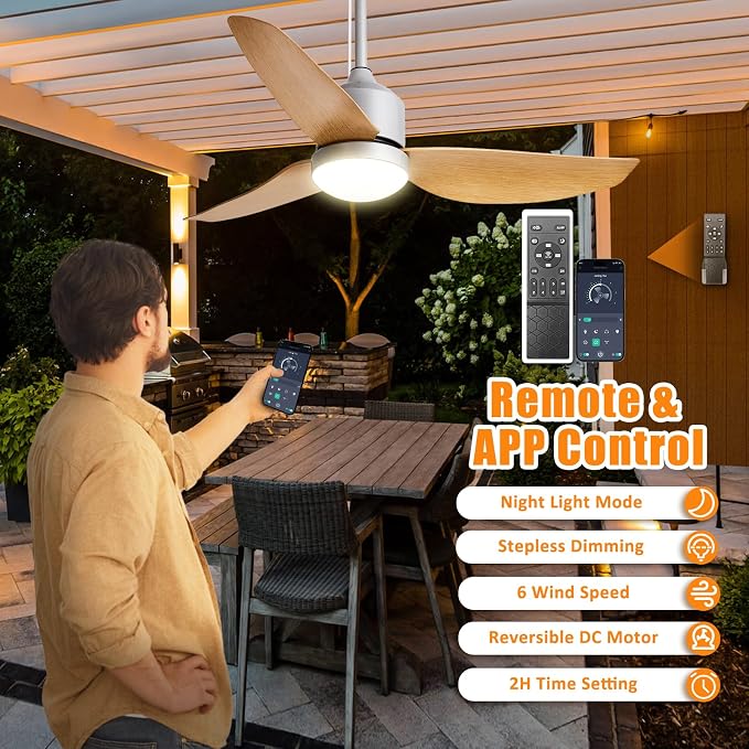 Depuley Outdoor Ceiling Fan with Light: 42 Inch Nickel Waterproof Gazebo Fans with Lights Outdoor Hanging - Plug in Remote App Control for Patio Indoor Farmhouse Porch - 6 Speed Reversible DC Motor