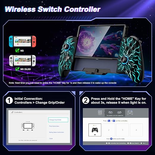 Gammeefy Switch Controller – Hall Effect Joysticks & Enhanced Grip – One Piece Switch Joypad Replacement Switch Pro Controller with 8-Color RGB Lighting, Turbo, Macros -Multi-Colored Sunburst, 6.2"/7"