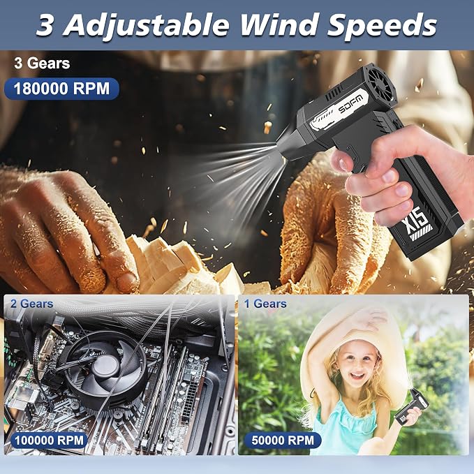 SDFM Compressed Air Duster - 180,000 RPM Electric Air Duster - with Brushless Motor, 3-Gear Adjustable Air Duster - for Keyboard, PC, Car, Air Bed, and Home Cleaning (X15)