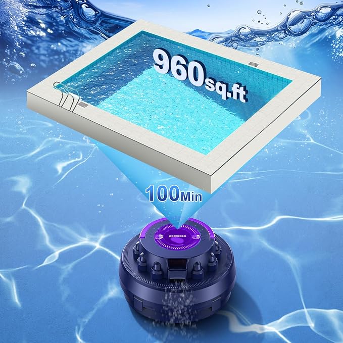 Cordless Robotic Pool Vacuum with Dual high-Powerful Motors Provide Strong Suction, 100 Min Runtime, Self-Parking, Pool Cleaner Robot for Above/In-ground Flat Pool up to 960 Sq.ft
