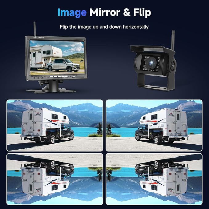 1080P HD Wireless Backup Camera System, 7-inch LCD Monitor with 2 Rearview Camera for Trailer RV Camper Truck Car Bus, DIY Guide Lines, IP68 Waterproof, Night Vision, BSD, 12V-36V