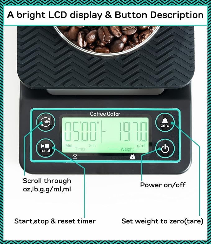 Coffee Gator Coffee Canister -22oz Airtight Stainless Steel and Coffee Scale 0.1 Precision with Timer
