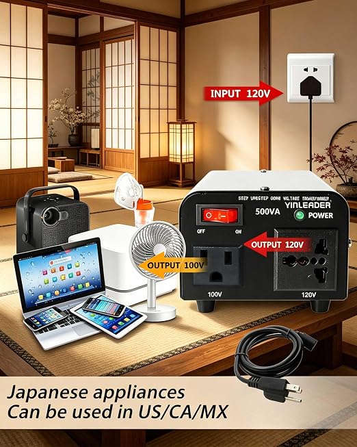 Yinleader 500W US to Japan Voltage Converter 120V to 100V Step Down Transformer for Japanese Appliances (Turntable/Player/Amplifier/yogurtia/Consoles/Synthesizers, etc.) in US