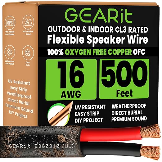 GEARit 16 Gauge Speaker Wire 500 ft OFC,Outdoor Speaker Wire UL CL3 Rated Copper Wire with Polarity Mark, Speaker Cable for in-Wall,Home,Car,Outdoor,Garden,Commercial Audio Systems(Black,2-Conductors)
