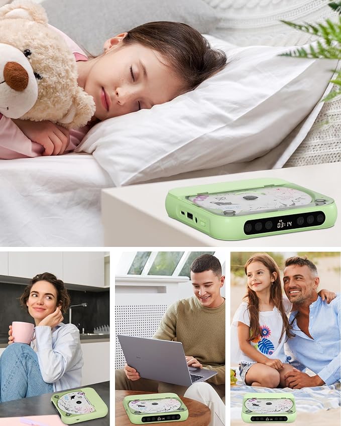 ENVYCLOUD CD Player Portable with Dual Stereo Speakers, Rechargeable Portable Player with Bluetooth for Home with Headphones, Support CD/AUX/USB,Green