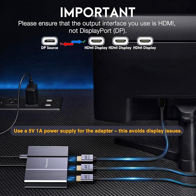 DisplayPort to HDMI Adapter 1 in 3 Out | 4K60Hz, DP Source to HDMI Splitter Extended Display port splitter for 3 monitors, MST Hub for Desktop,Laptop,NVIDIA, AMD Graphics Card - MACOS Not Support MST