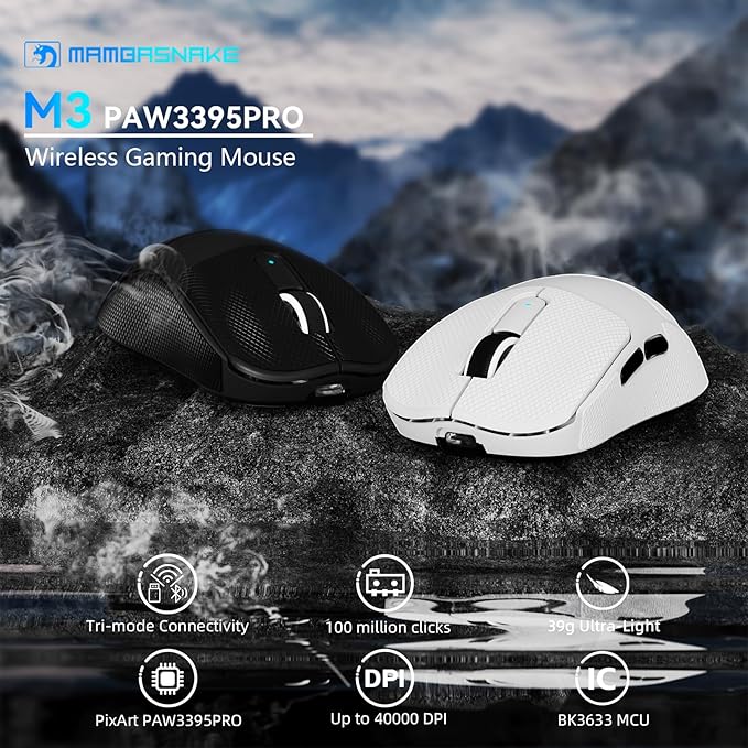 MAMBASNAKE M3 Wireless Gaming Mouse, 40K DPI, 39g Lightweight Gaming Mouse, PAW3395PRO Optical Sensor,Tri-Mode BT5.1/2.4G/USB-C PC Game Mice, Programmable Buttons,300mAh Battery for PC/Laptop/Mac/Win