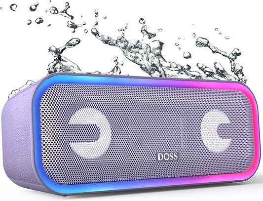DOSS SoundBox Pro+ Bluetooth Speaker, Immersive 24W Stereo Sound with Booming Bass, IPX6 Waterproof, 15H Playtime, Mixed Colors Lights, Wireless for Backyard, Hiking, Garage, Party-Purple