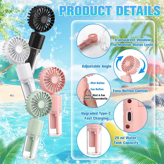 4 Pack Misting Fans Portable Rechargeable Handheld Spray Fans with 25ml Water Tank 4-speed Personal Cooling Fan, USB-c Mini Handheld Fan for Travel Outdoor Sport Office Home Summer Gifts