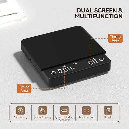 Coffee Scale with Auto Timing, Espresso Scale with Timer, 2kg/0.1g High Precision Scale for Coffee Beans, Black, Rechargeable