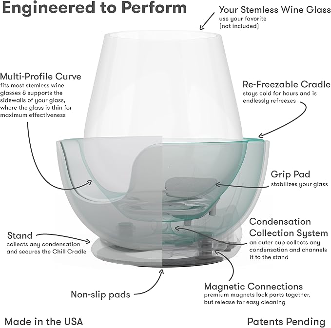 VoChill Stemless Wine Glass Chiller | Keep the Chill In Your Glass | Made In USA | Separable & Refreezable Chill Cradle | Actively Chills Stemless Glassware | Sand, Pair Stemless