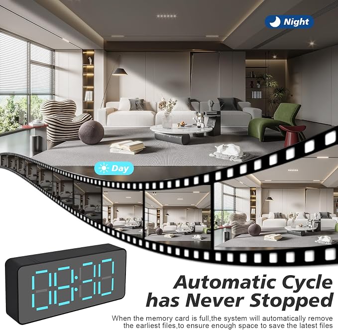 Digital Clock Style Indoor WiFi Camera 1080P HD - Night Vision, Visible Desk Placement for Baby Pet Elderly Monitoring