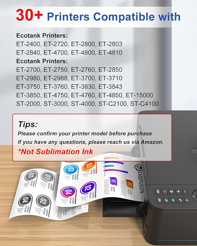 EaseFusion 522 High Capacity Ink Refill Bottle (5-Bottles) Replacement for Epson 522 Ink Works with EcoTank ET-2800 ET-2803 ET-2400 ET-4800 ET-4700 Printers 550ml Total Black and Color Combo