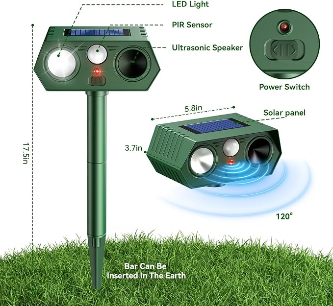 2026 Upgraded Solar Ultrasonic Animal Repellent Outdoor, Deer Repellent Devices Waterproof, Motion Activated Cat Repellent Outdoor, Squirrel Raccoon Skunk Rabbit Dog Bird Deterrents for Yard (2-Pack)