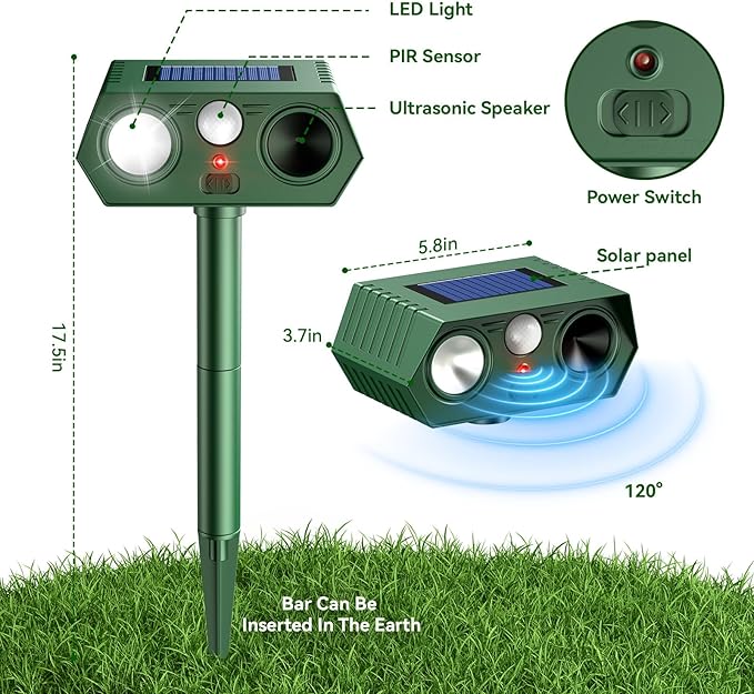 2026 Upgraded Solar Ultrasonic Animal Repellent Outdoor, Deer Repellent Devices Waterproof, Motion Activated Cat Repellent Outdoor, Squirrel Raccoon Skunk Rabbit Dog Bird Deterrents for Yard
