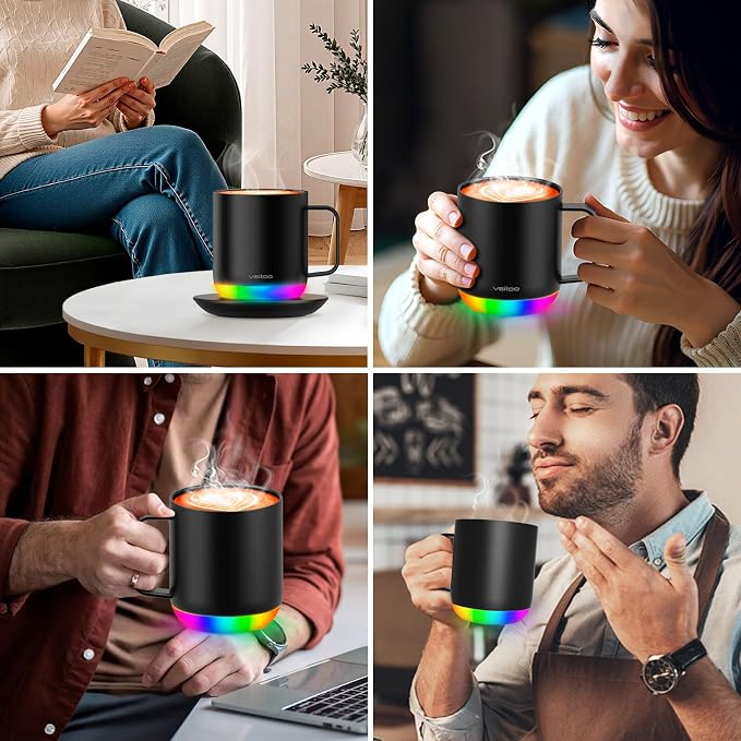 Vsitoo S6 Plus 12oz Smart Self Heating Coffee Mug, AI Auto-Sensing Heated Espresso Mug Temp Control 120-150℉, Rechargeable Mug Warmer with Music LED, IPX7 Gift for Women Men- Black