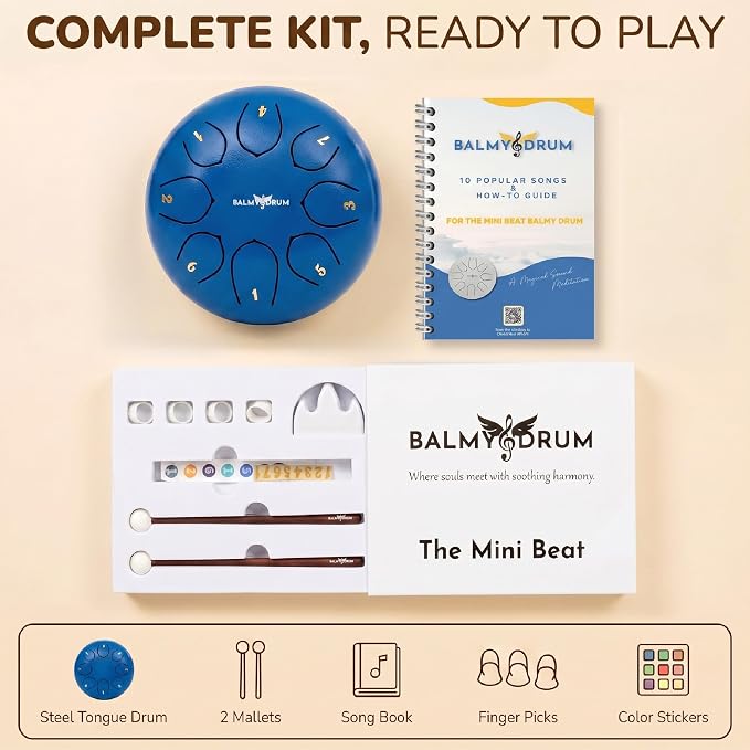 Balmy Drum Steel Tongue Drum 6 inch 8 Notes 440Hz, Handpan Drum with Music Book, Mallets, Carry Bag, Finger Picks, Rain Drum for Outdoor, Meditation Yoga Calming Instruments for Adults Kids (Blue)