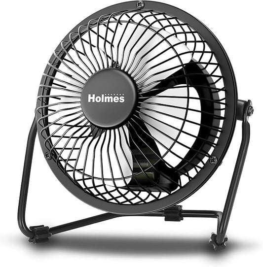 HOLMES 4" Mini High-Velocity Personal Desk Fan, 4 Blades, Adjustable 360° Head Tilt, Durable Metal Construction, Single Speed, Ideal for Home, Dorm Rooms, Bedrooms, or Offices, Black