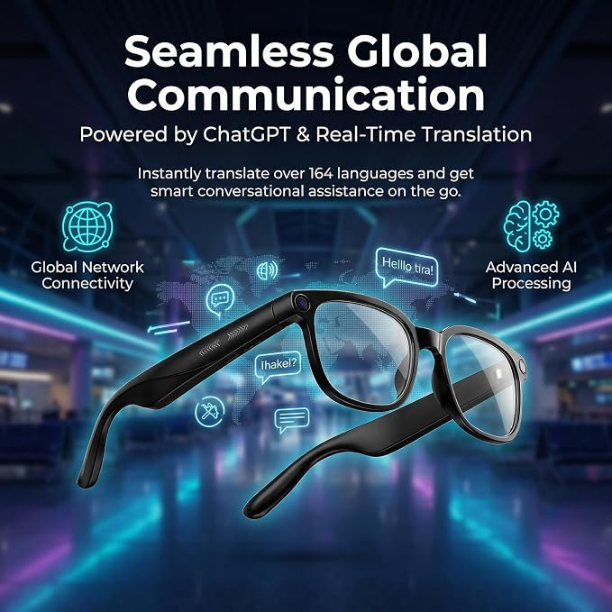 AI Smart Glasses with Camer, Bluetooth Glasses with 4K HD Video & 164+ Language Real-Time Translation Built-in ChatGPT, 8-Hour Battery IP67 Waterproof for Men and Women Outdoor Activities
