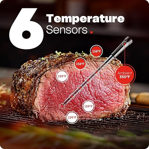 Smart Bluetooth Wireless Meat Thermometer Digital, 6 Accuracy Sensors, 0.5S Instant Read Food Thermometer, 2-in-1 100H Battery Fast Charge Base, APP Control & Custom Menu for BBQ, Grill, Smoker, Oven.