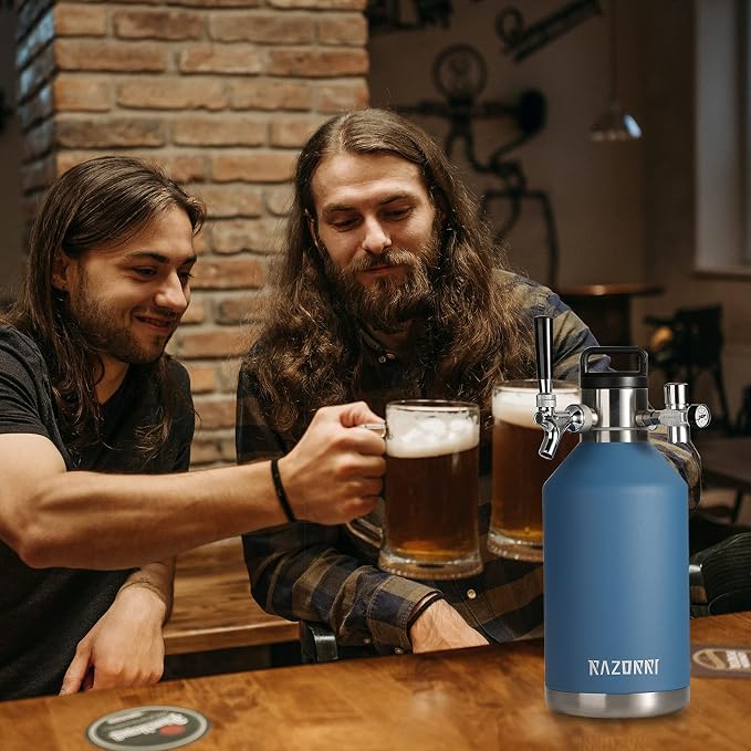 Razorri 128oz Stainless Steel Beer Growler, Double-Wall Vacuum Insulated Carbonated Keg with Professional Bar Tap and Pressurized CO2 Regulator, 1 Gallon, Ocean Blue