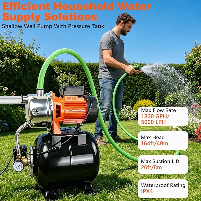 1 HP Shallow Well Pump with Pressure Tank, 1000 GPH, Automatic Irrigation Water Booster Pump with 130 ft Head Lift 20/40 PSI Pressure Switch 304 Stainless Steel Pump Head for Home Garden Lawn