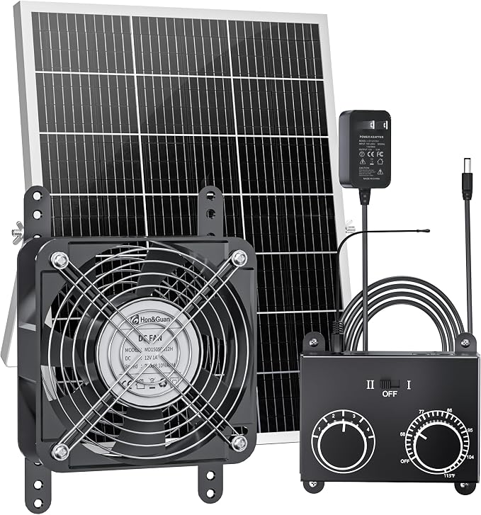 25W Solar Fan for Chicken Coop with Thermostat, Adapter, Metal Solar Powered Exhaust Fan Brushless Motor, MPPT Controller Dual Power Auto-Switch, 24/7 Operation, Dog House, Small Shed Greenhouse