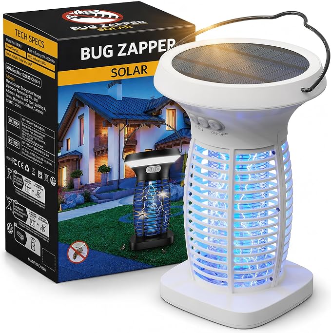 OnBeam Solar Bug Zapper Outdoor, Mosquito Zapper Outdoor Waterproof Electric Fly Zapper Rechargeable Mosquito Killer with Solar Panel, 4200V Fly Trap Indoor for Home Backyard, Patio, Garden, Camping