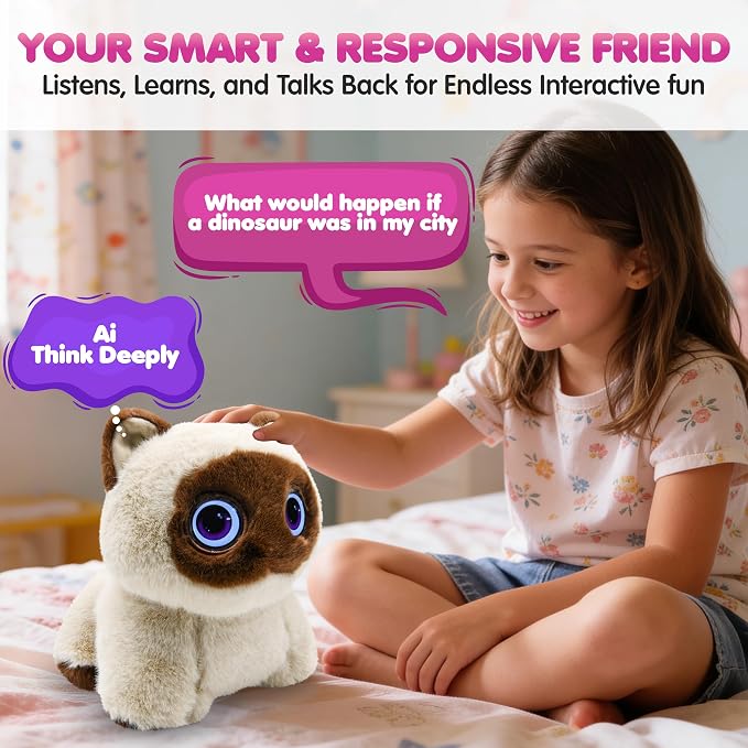 Contixo AI Pixie-Paw Smart Interactive Plush Cat – Voice-Responsive, Touch-Activated, Expressive Eyes, AI Companion Stuffed Animal for Kids & Pet Lovers, Brown