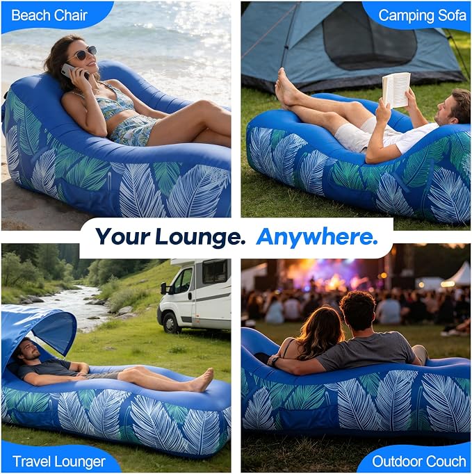 Inflatable Lounger Air Sofa with Unique Sun-Shade, Waterproof Inflatable Beach Bed with Electric Pump, Lightweight Air Hammock Chair for Hiking Backyard Travel Beach Park Picnics（Blue）