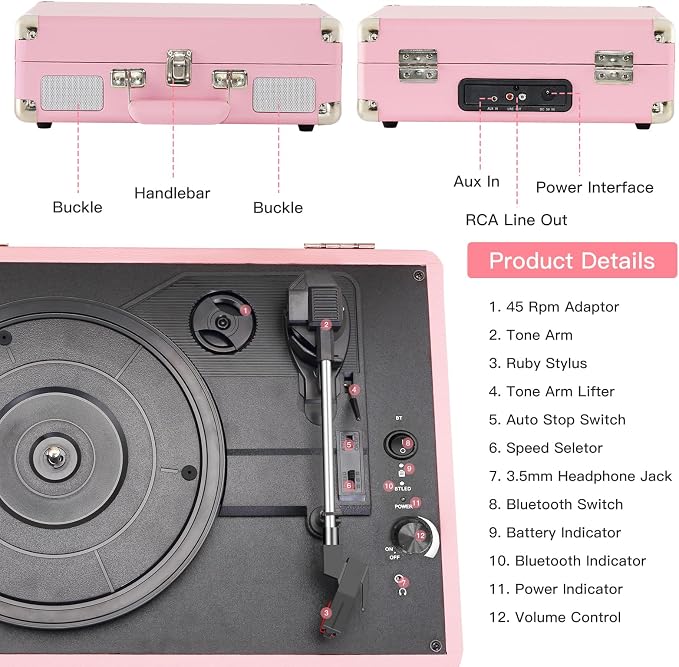 Pink Vinyl Record Player 3 Speeds Portable Suitcase Turntable with Built-in Dual Speakers, Bluetooth Gramophone with Built-in Battery 3.5mm Aux Input/RCA Output