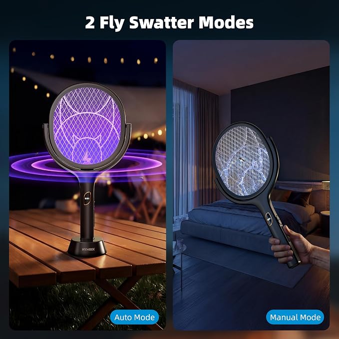Nymrix Electric Fly Swatter Racket with Rotating Head & Telescopic Handle, 2-in-1 Bug Zapper, 4100V Rechargeable Mosquito Killer with 2600 mAh Battery for Indoor & Outdoor Use (Black,2 Pack)