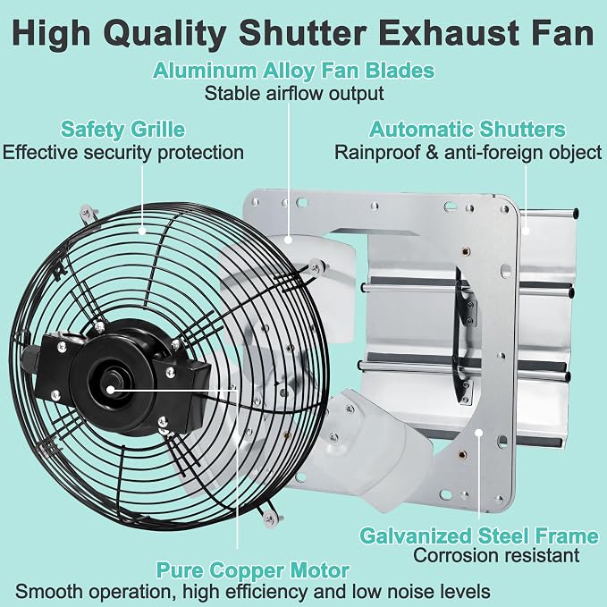 10 Inch Shutter Exhaust Fan, Wall Mount Attic Fan with Thermostat and Speed Controller for Greenhouses, Sheds, Garages, Chicken Coops, Barns Ventilation, 820 CFM