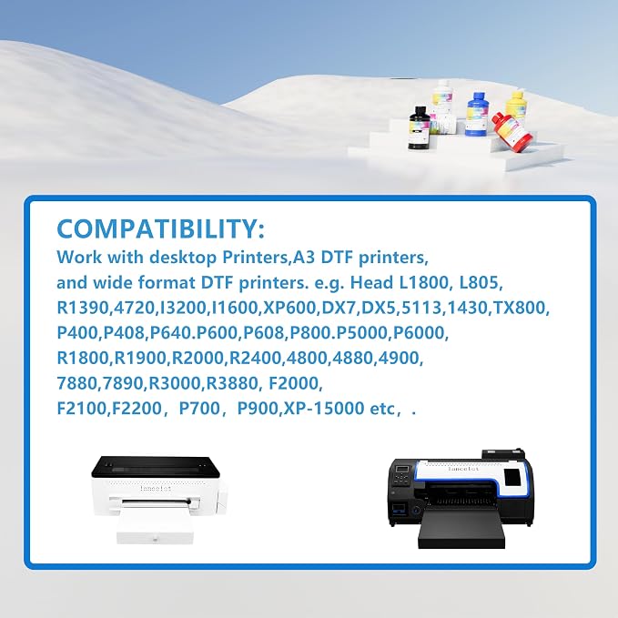 Lancelot DTF Ink 250ml×6 (CMYK+2W) - Vibrant Durable Anti-Clog PET Film Transfer Ink, Compatible with Pro Printers Featuring ET-8550/XP-15000/L1800/L805/R1390/R2400 Printheads.