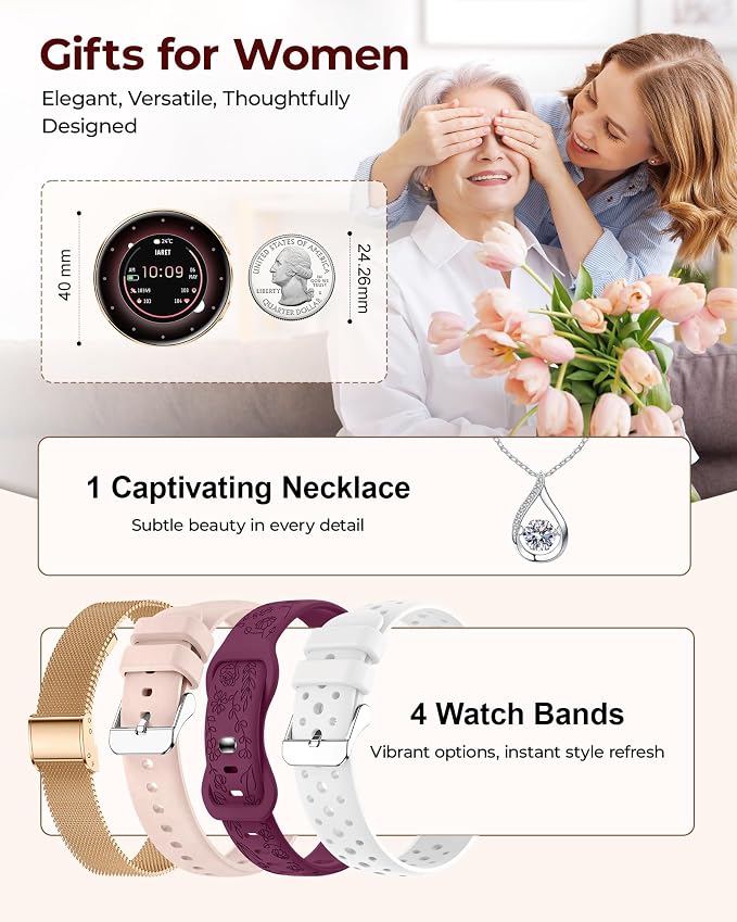 Iaret Smart Watch for Women, 1.27" HD Fitness Tracker with 4 Bands & Necklace Gift Set, Heart Rate SpO2 Sleep Monitor, 120+ Sport Modes, Call & Notifications, Smartwatch for Android iPhone, 40mm